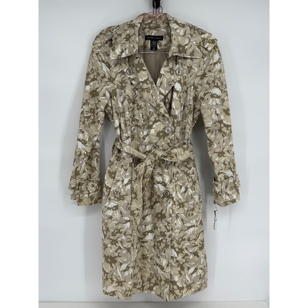New York Company Floral Tan Double Breasted Trench Coat Belted Women's Sz 6‎ NWT